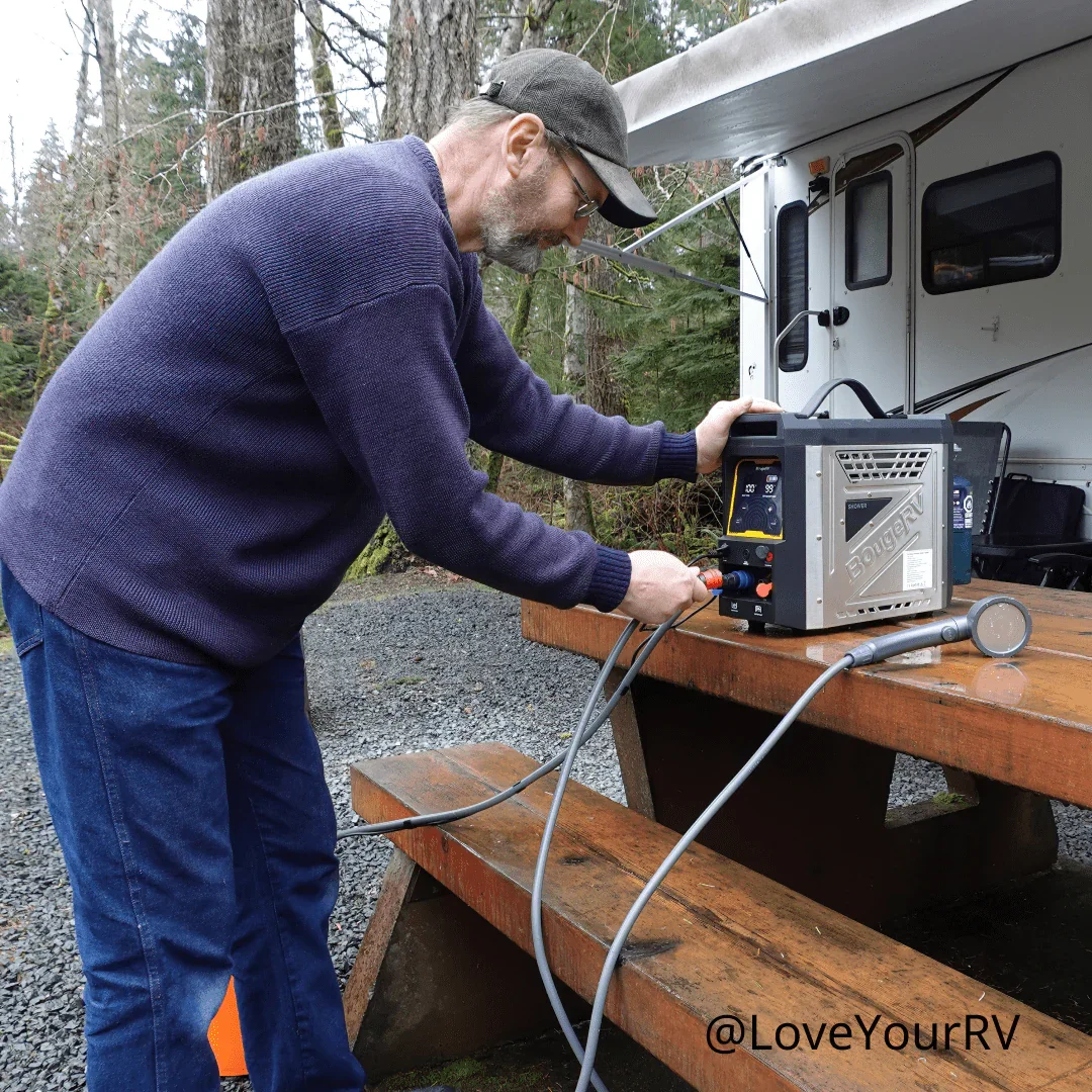 BougeRV propane water heater connected to an RV for outdoor use