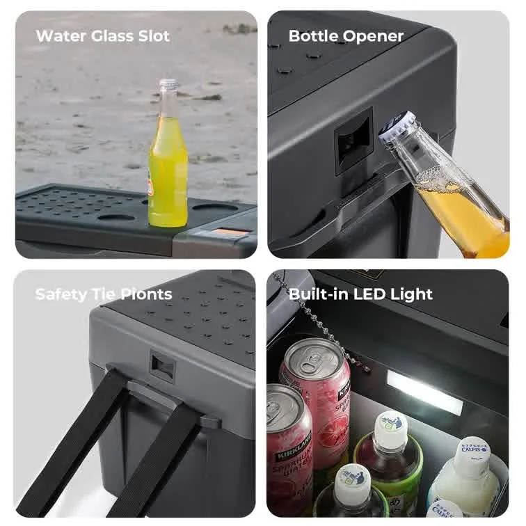 BougeRV CRPRO30 fridge freezer features - water glass slot, bottle opener, safety tie points, built-in LED light