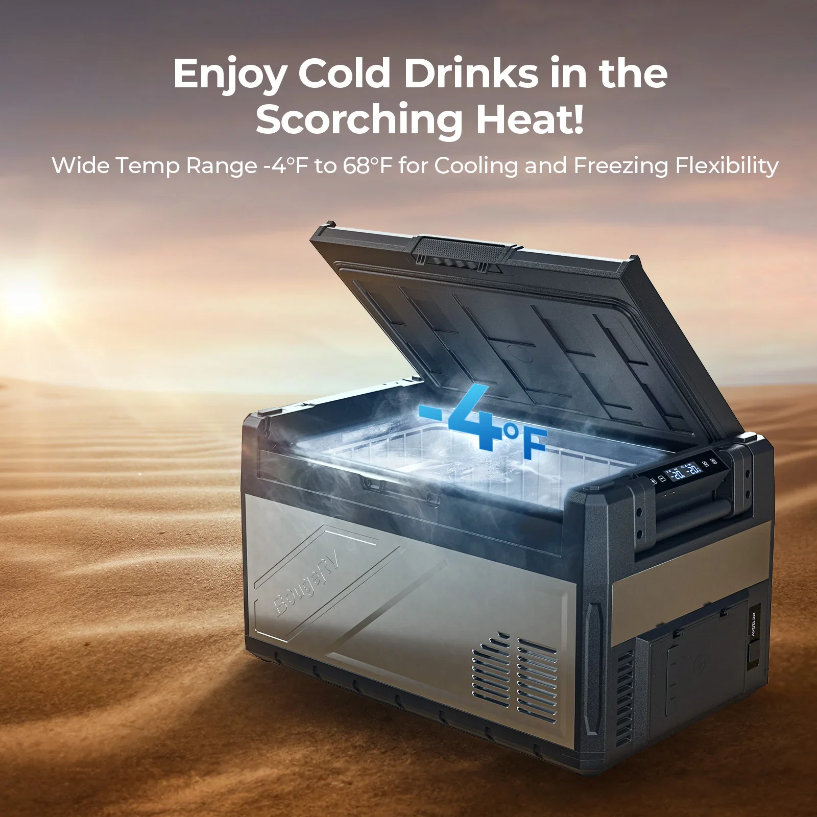 BougeRV Rocky fridge cooling drinks in hot desert conditions