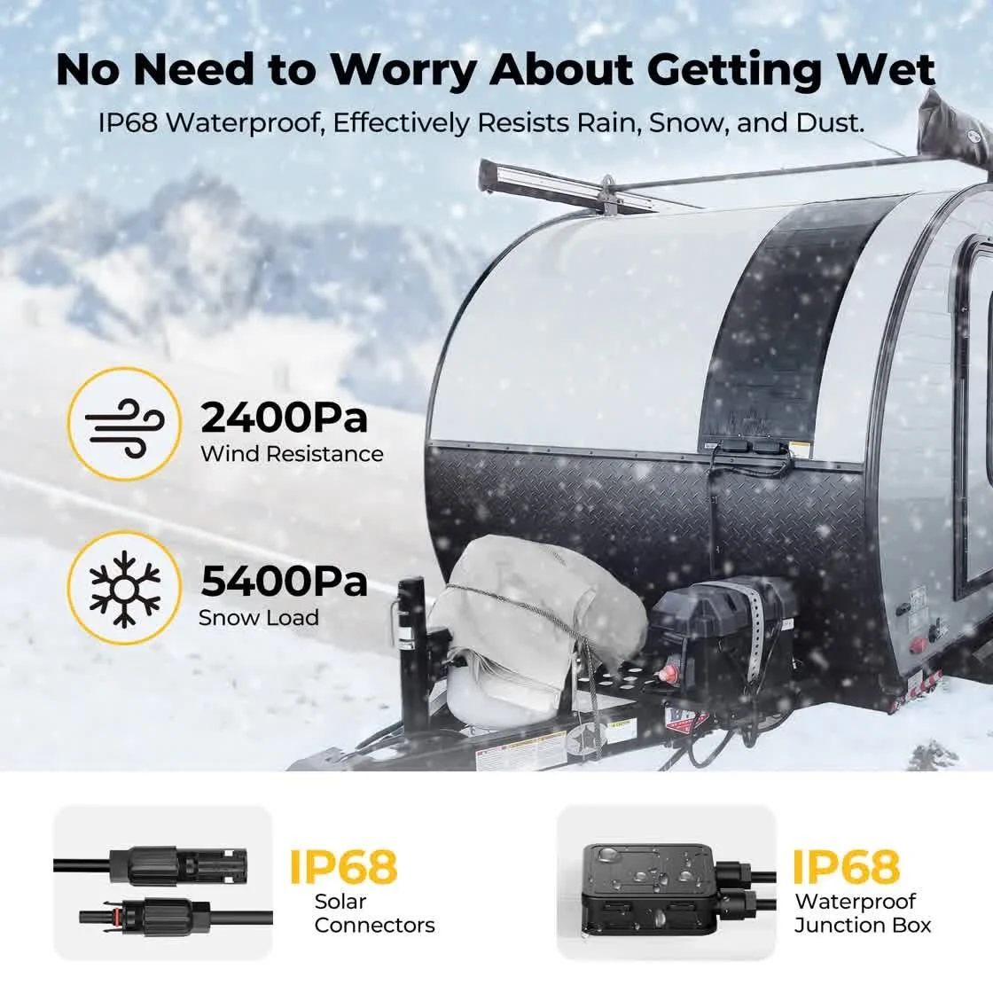 BougeRV Yuma 200W panel IP68 waterproof, 2400Pa wind resistance, 5400Pa snow load