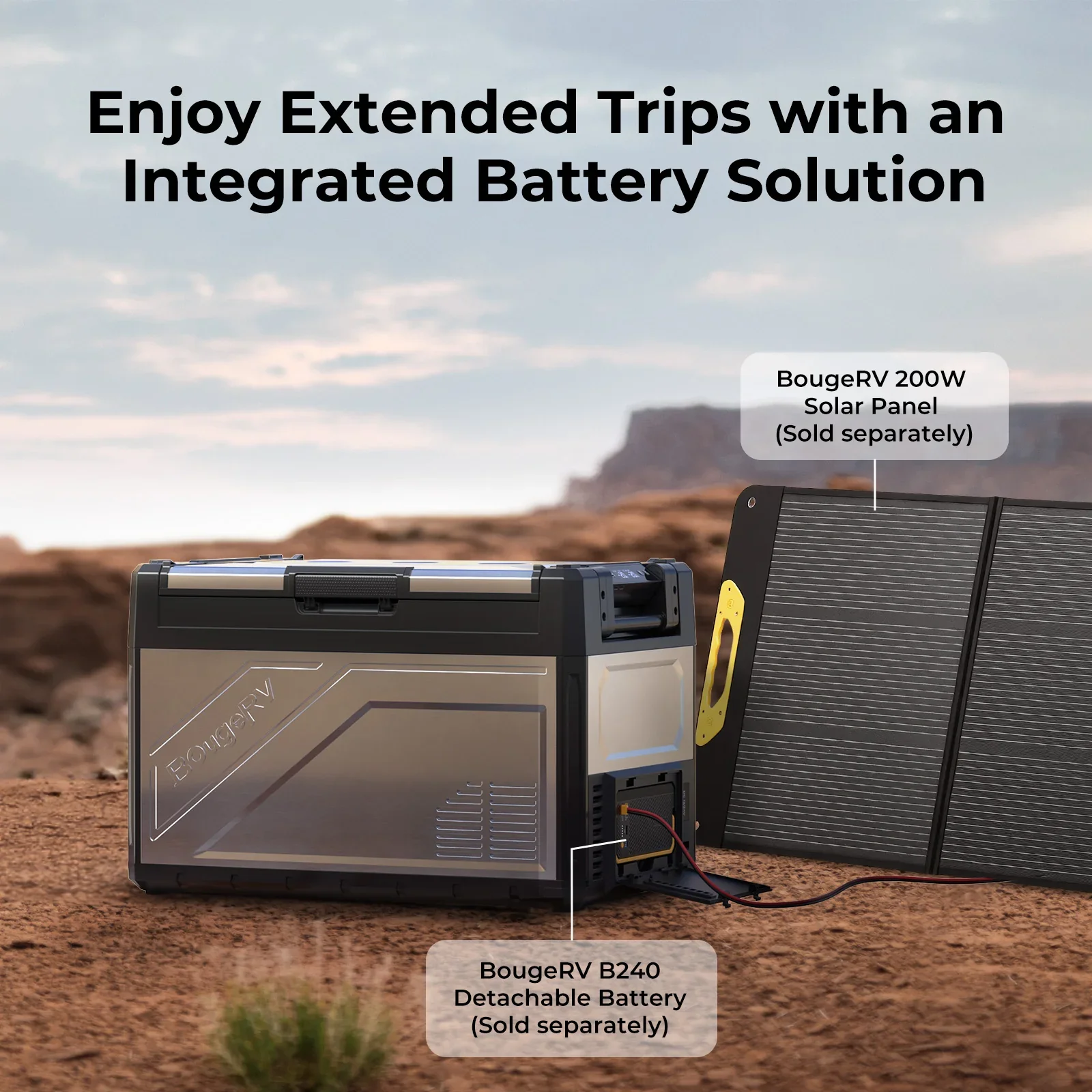 BougeRV Rocky 52L fridge paired with BougeRV 300W solar panel for extended trips