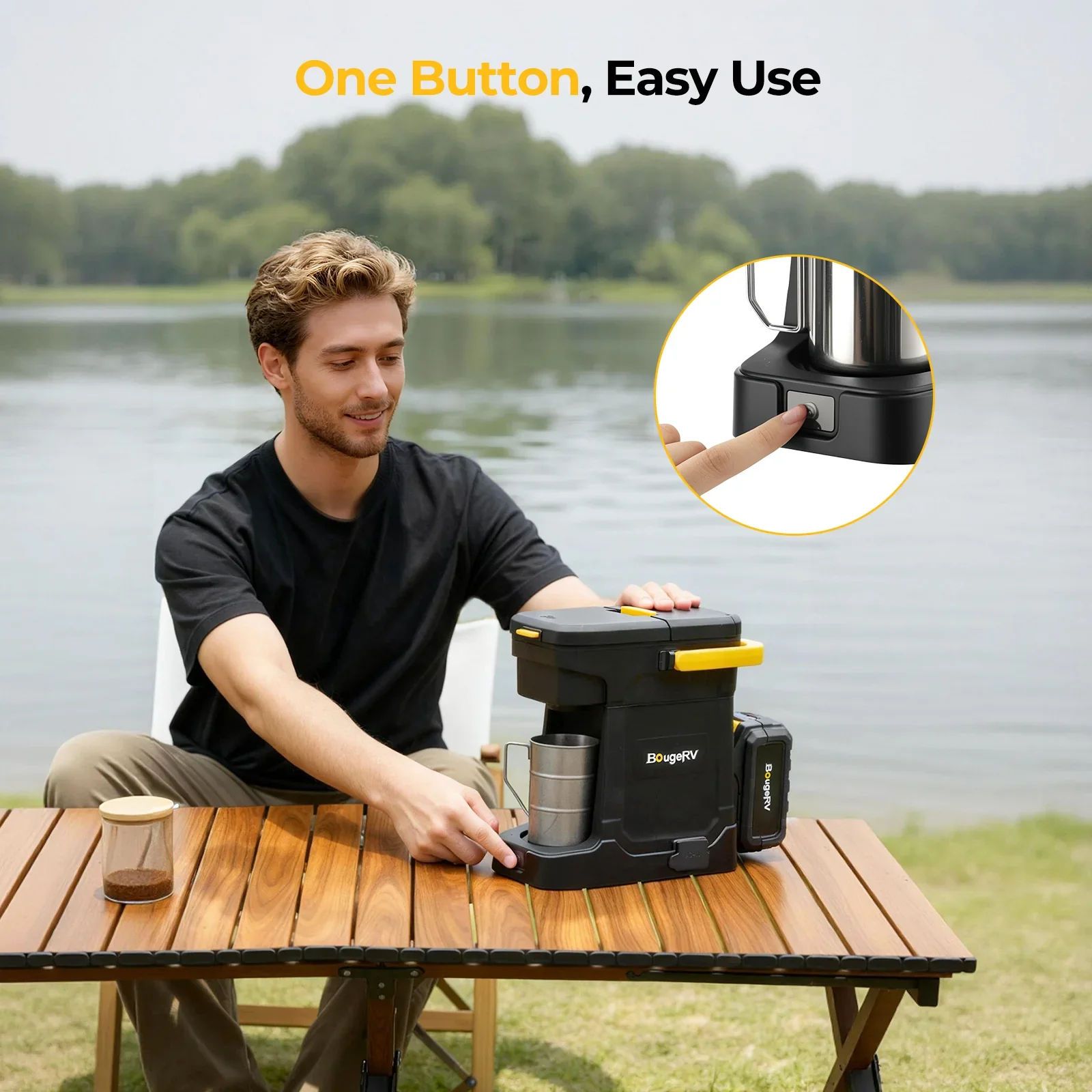 BougeRV coffee maker one button operation at a lakeside campsite