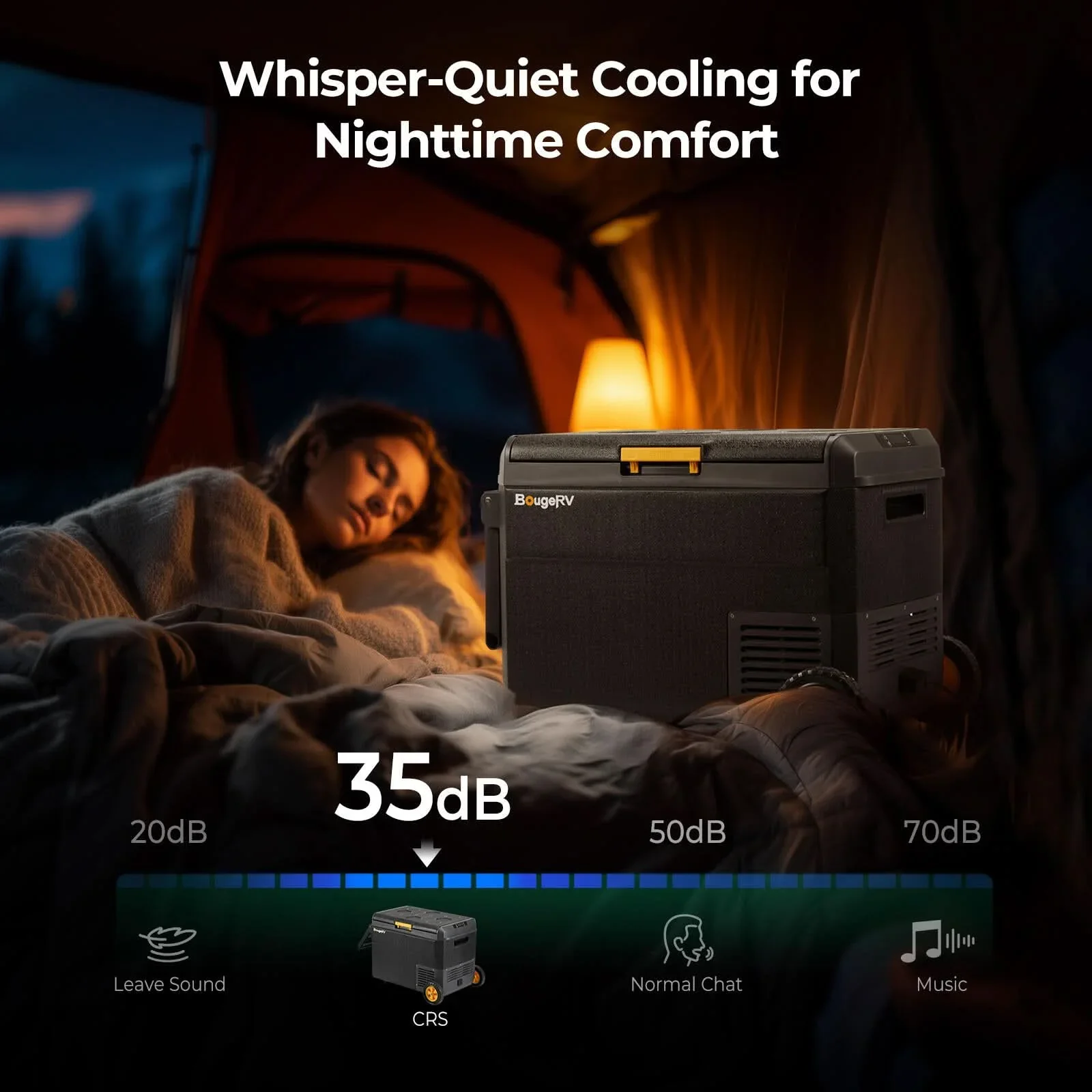 BougeRV CRS 40L fridge whisper-quiet at 35dB for nighttime use