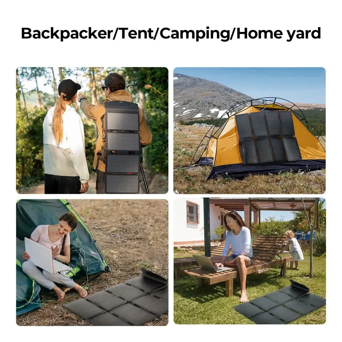 BougeRV 100W foldable solar panel used backpacking, at a tent, in a camping yard