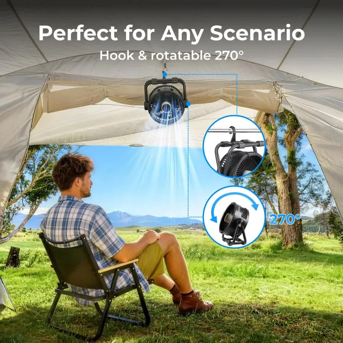 BougeRV F01 fan hung at a campsite with rotatable 270 degree head