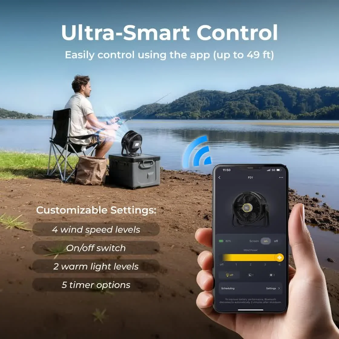 BougeRV F01 fan with app control and adjustable speed settings