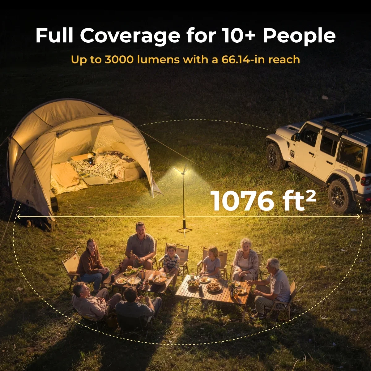 BougeRV T1 lantern lighting a campsite for 10 people with 3000 lumens