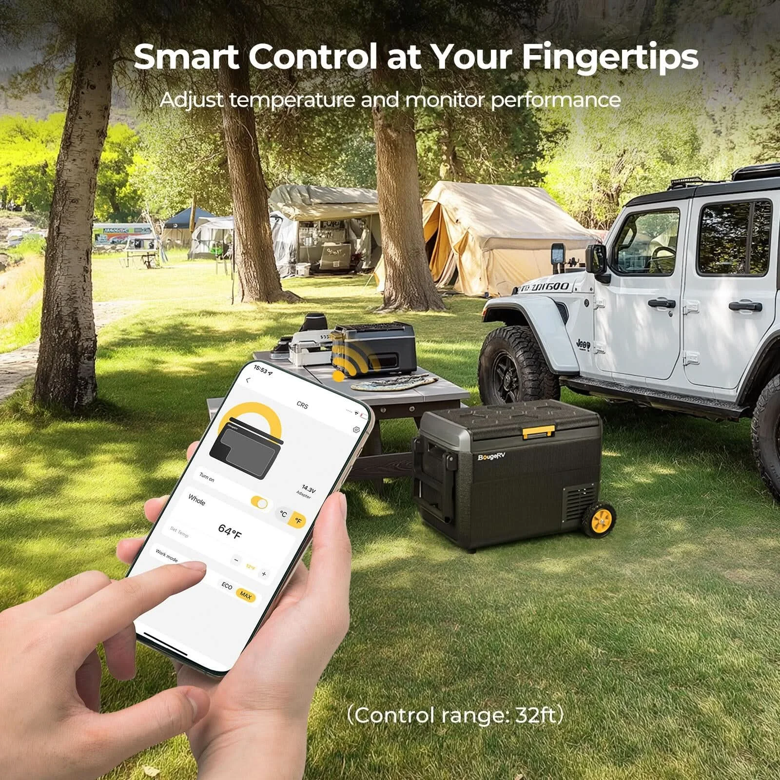 BougeRV CRS 40L fridge app control at a campsite next to a 4x4
