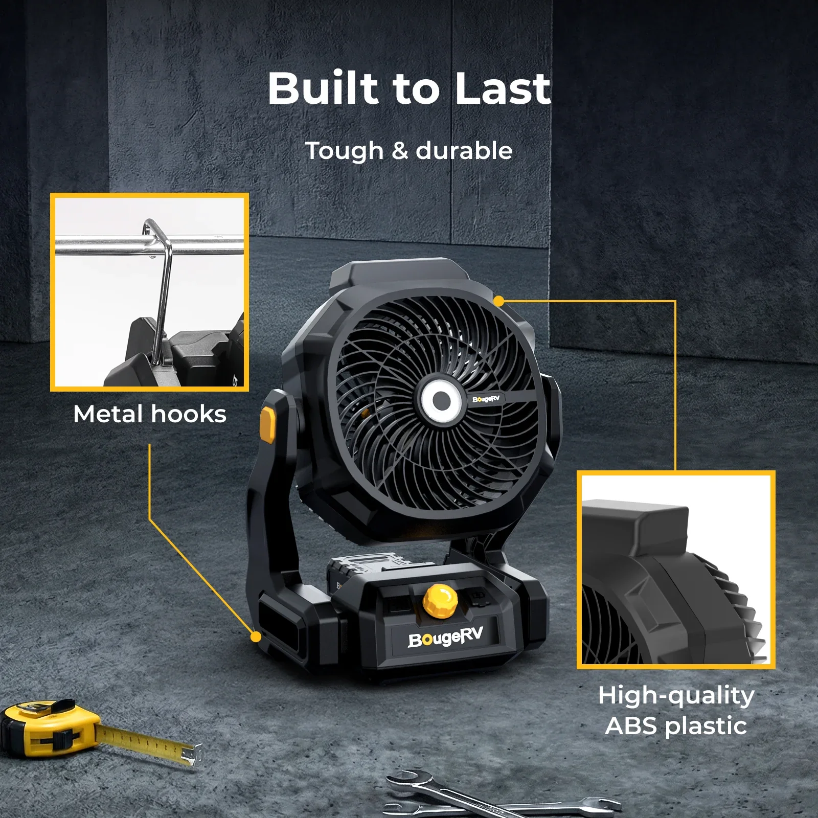BougeRV F02 fan built with metal hooks and durable ABS plastic