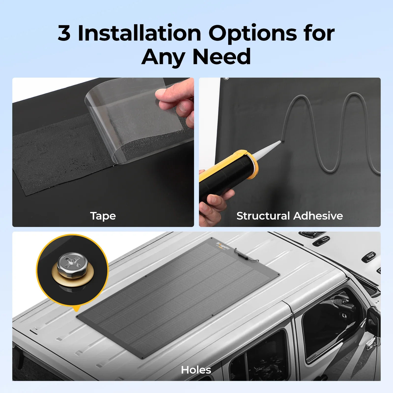 BougeRV Arch Pro panel 3 installation options - tape, structural adhesive or pre-drilled holes
