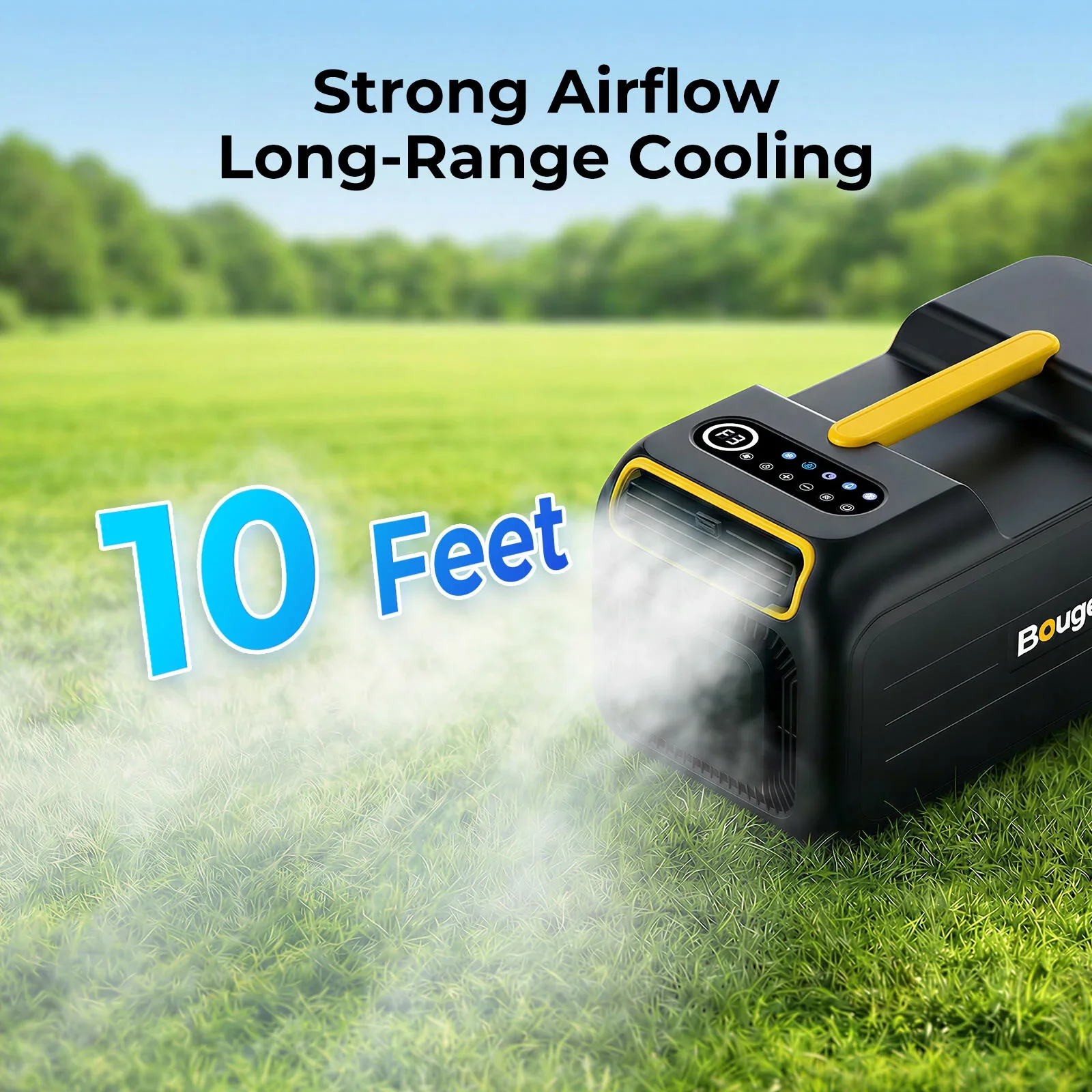 BougeRV PC35 air conditioner strong airflow reaching 10 feet