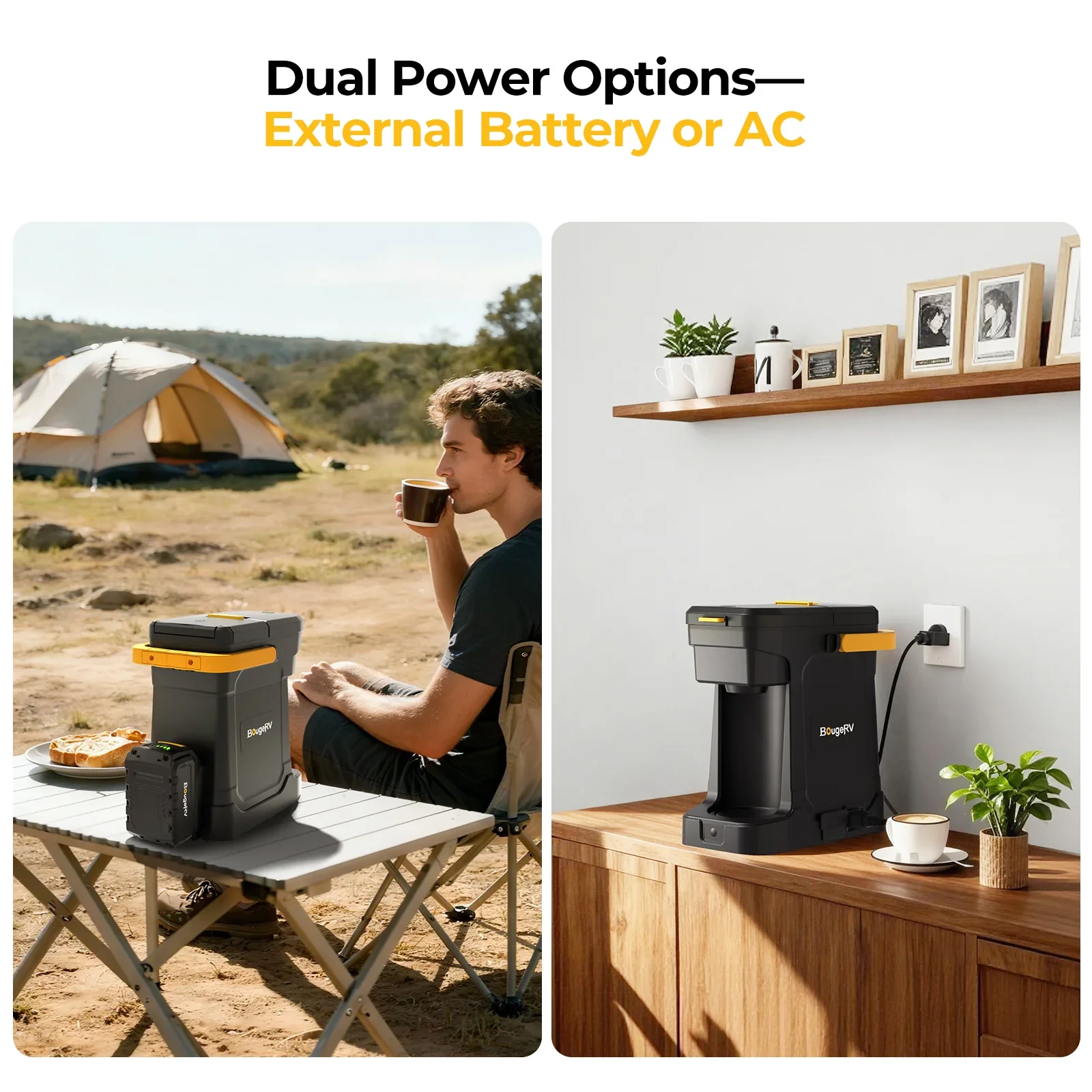 BougeRV coffee maker with dual power options - battery or mains AC