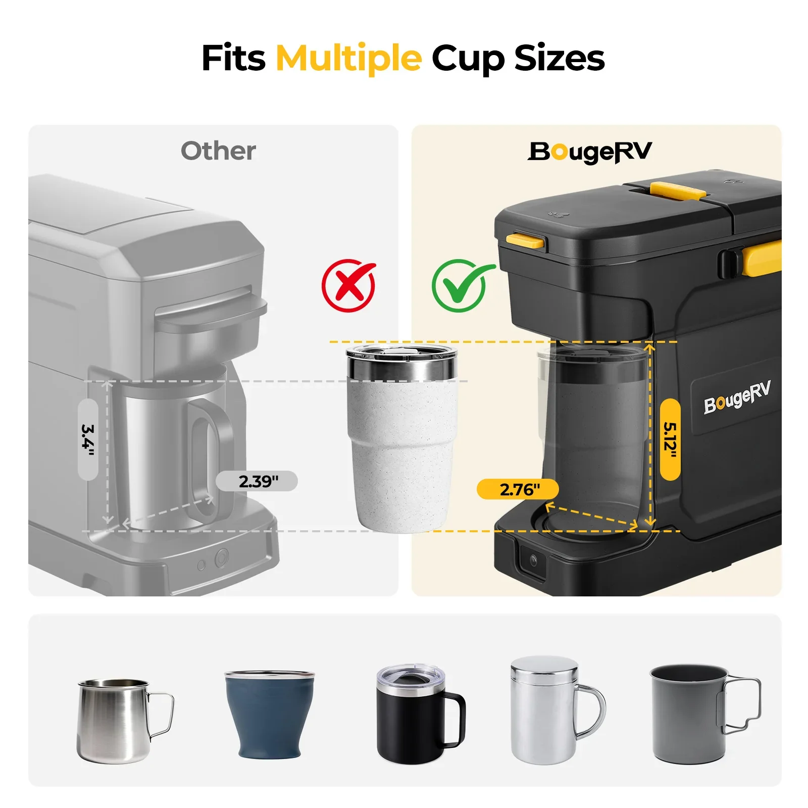 BougeRV coffee maker fitting multiple cup and tumbler sizes