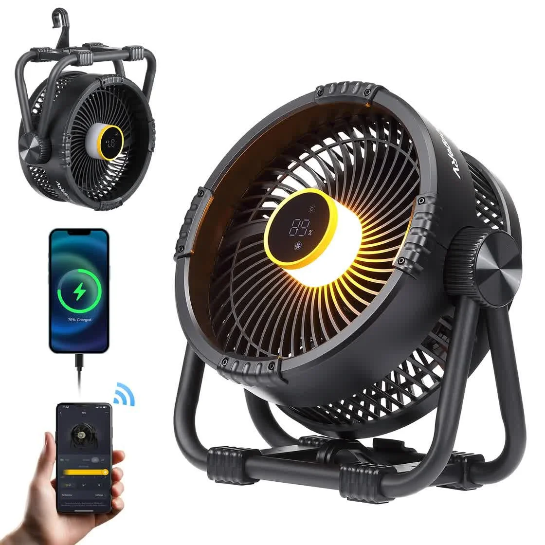 BougeRV F01 fan with app pairing and built-in warm LED light