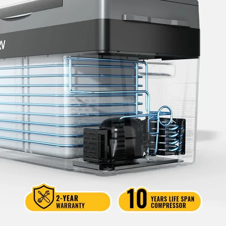 BougeRV CRPRO30 fridge freezer interior compressor with 2-year warranty and 10-year lifespan
