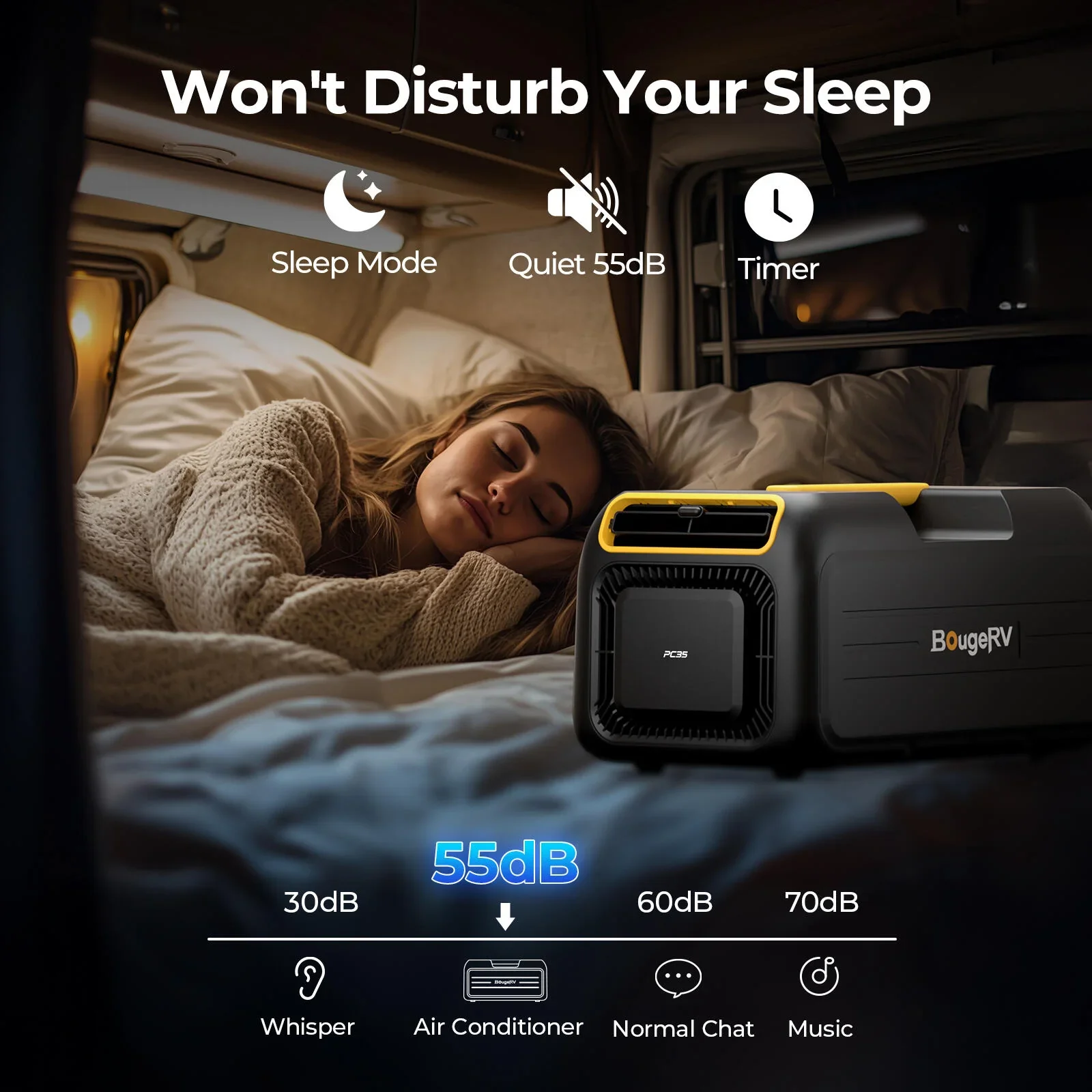 BougeRV PC35 air conditioner quiet sleep mode for overnight use