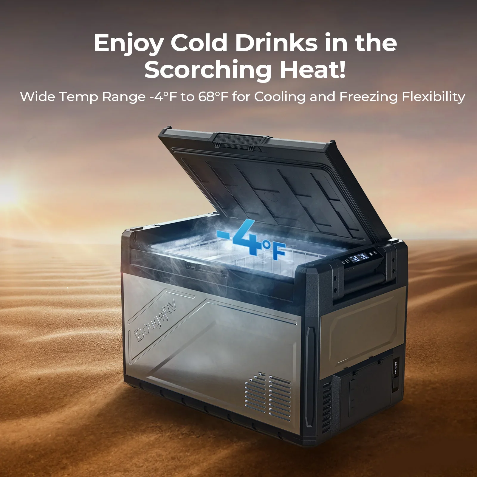 BougeRV Rocky 52L fridge cooling drinks in hot desert conditions