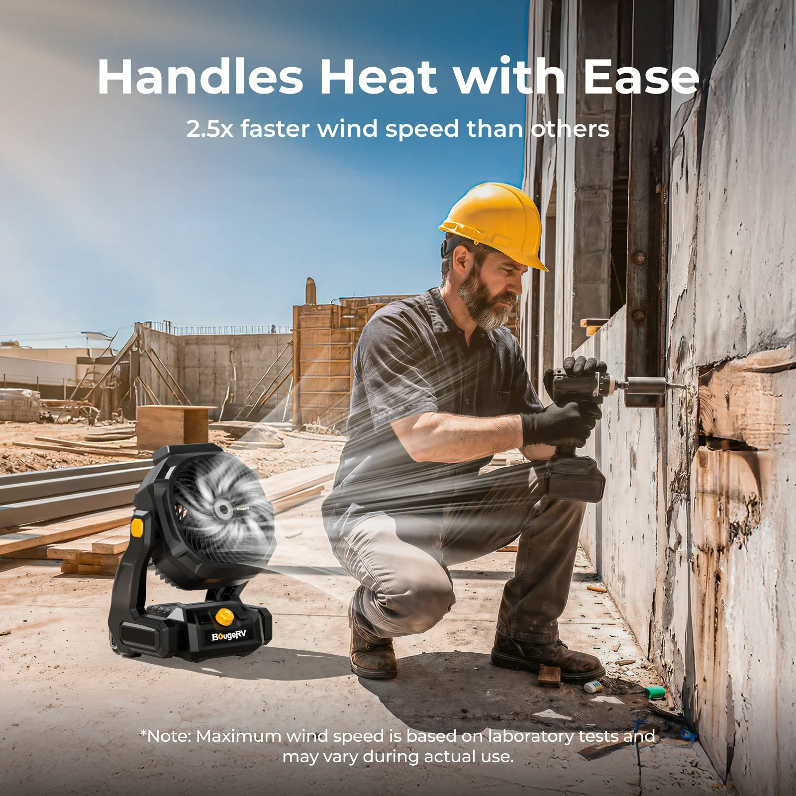 BougeRV F02 fan handling heat on a construction site, 2.5x faster wind speed