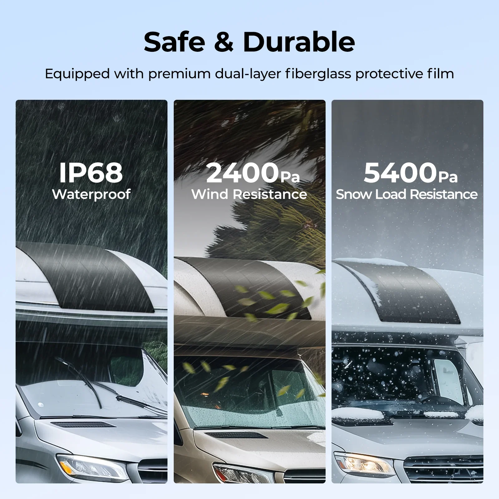 BougeRV Arch Pro panel safe and durable, IP68 waterproof, 2400Pa wind resistance, 5400Pa snow load resistance