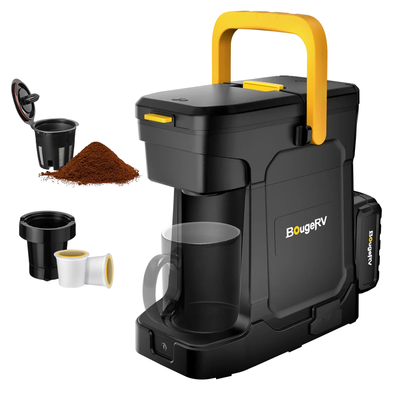 BougeRV portable coffee maker with removable brew basket and mug