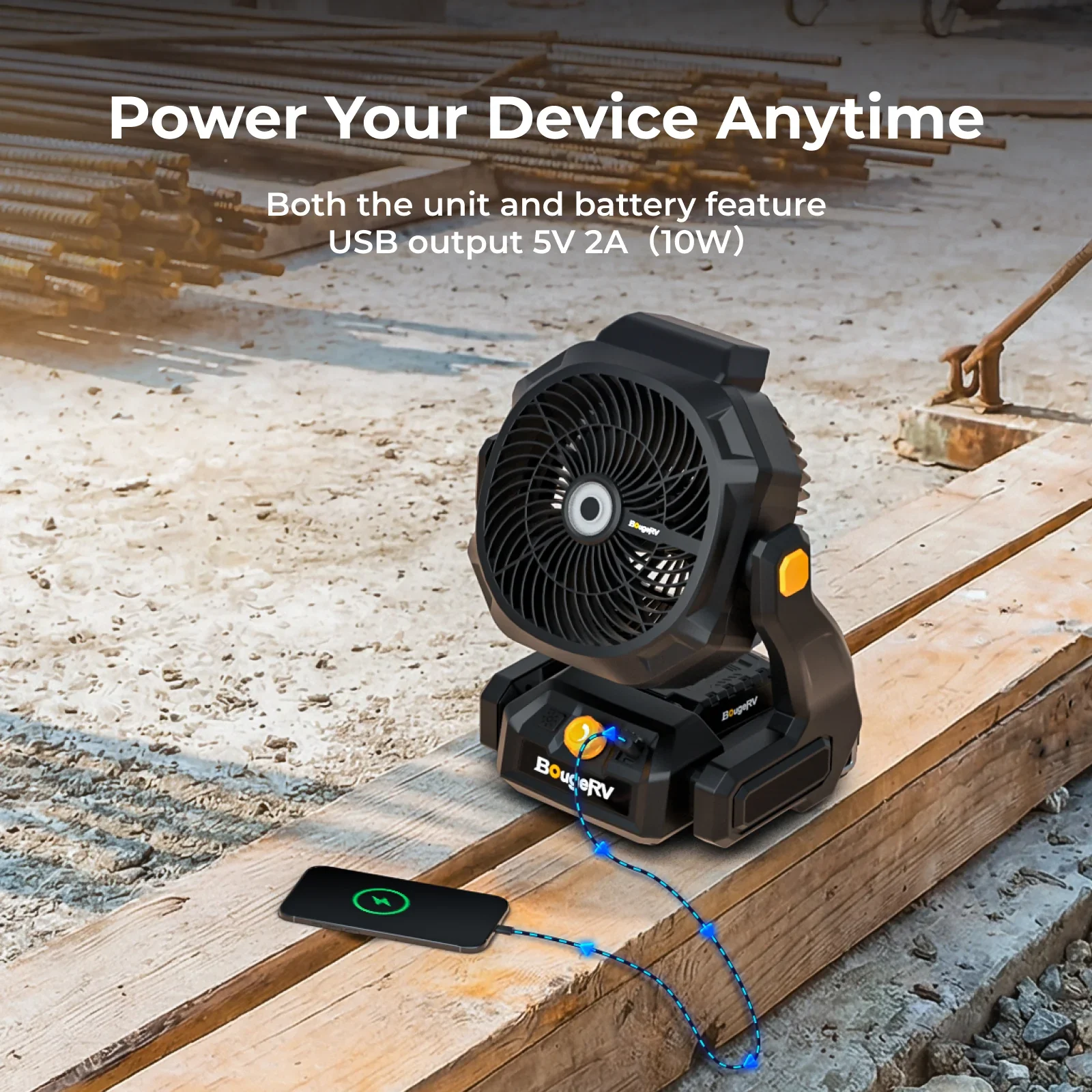 BougeRV F02 fan charging a phone via USB output on a jobsite