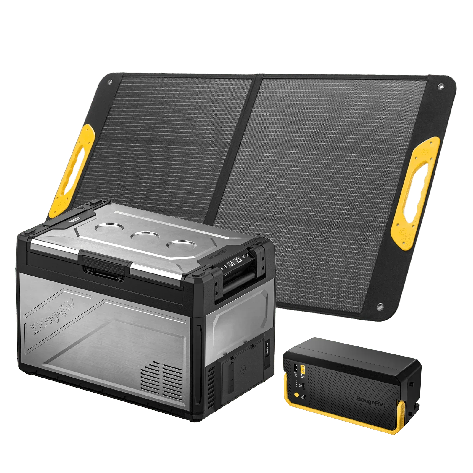 BougeRV Rocky 52L fridge with matching 300W solar panel and battery