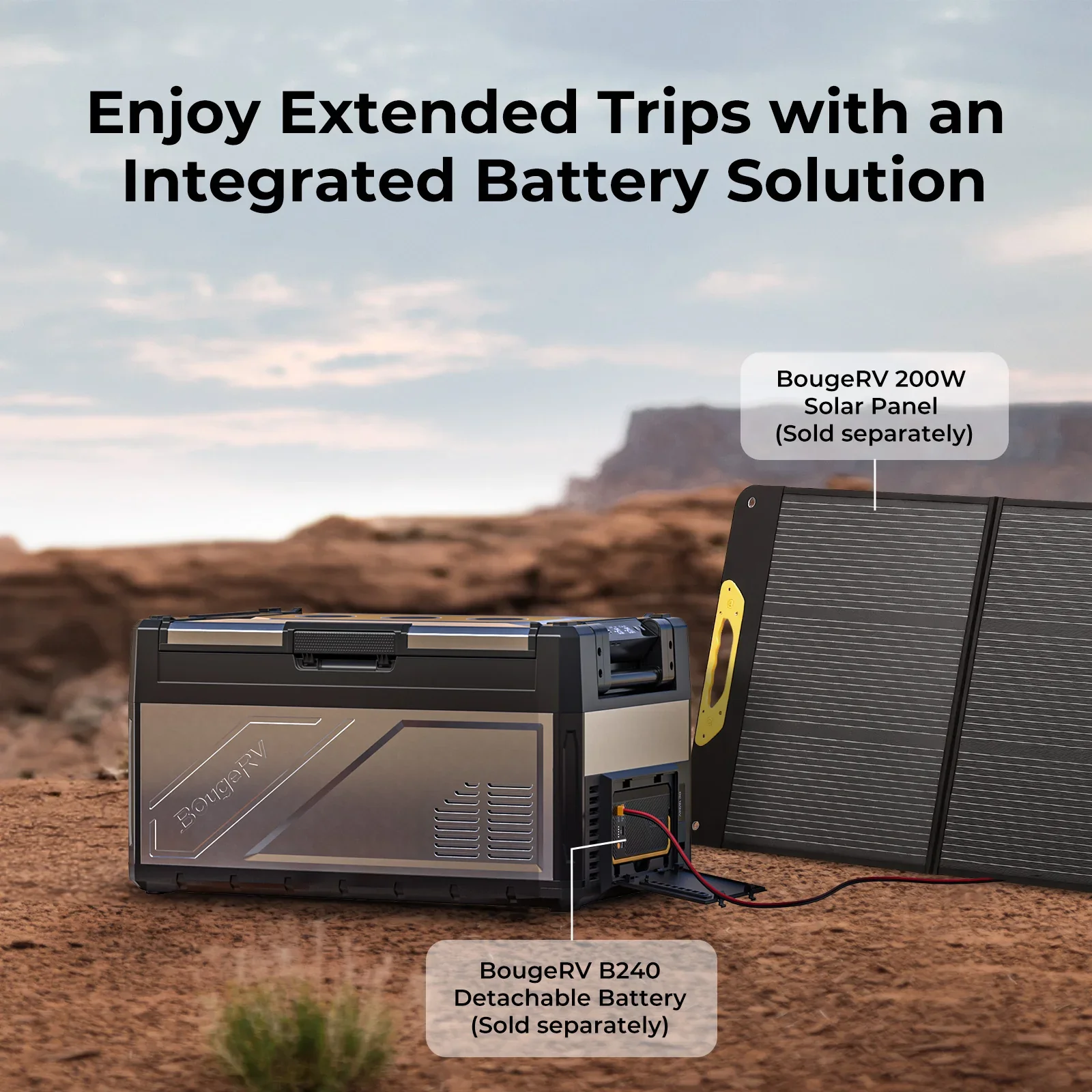 BougeRV Rocky fridge paired with BougeRV 200W solar panel for extended trips