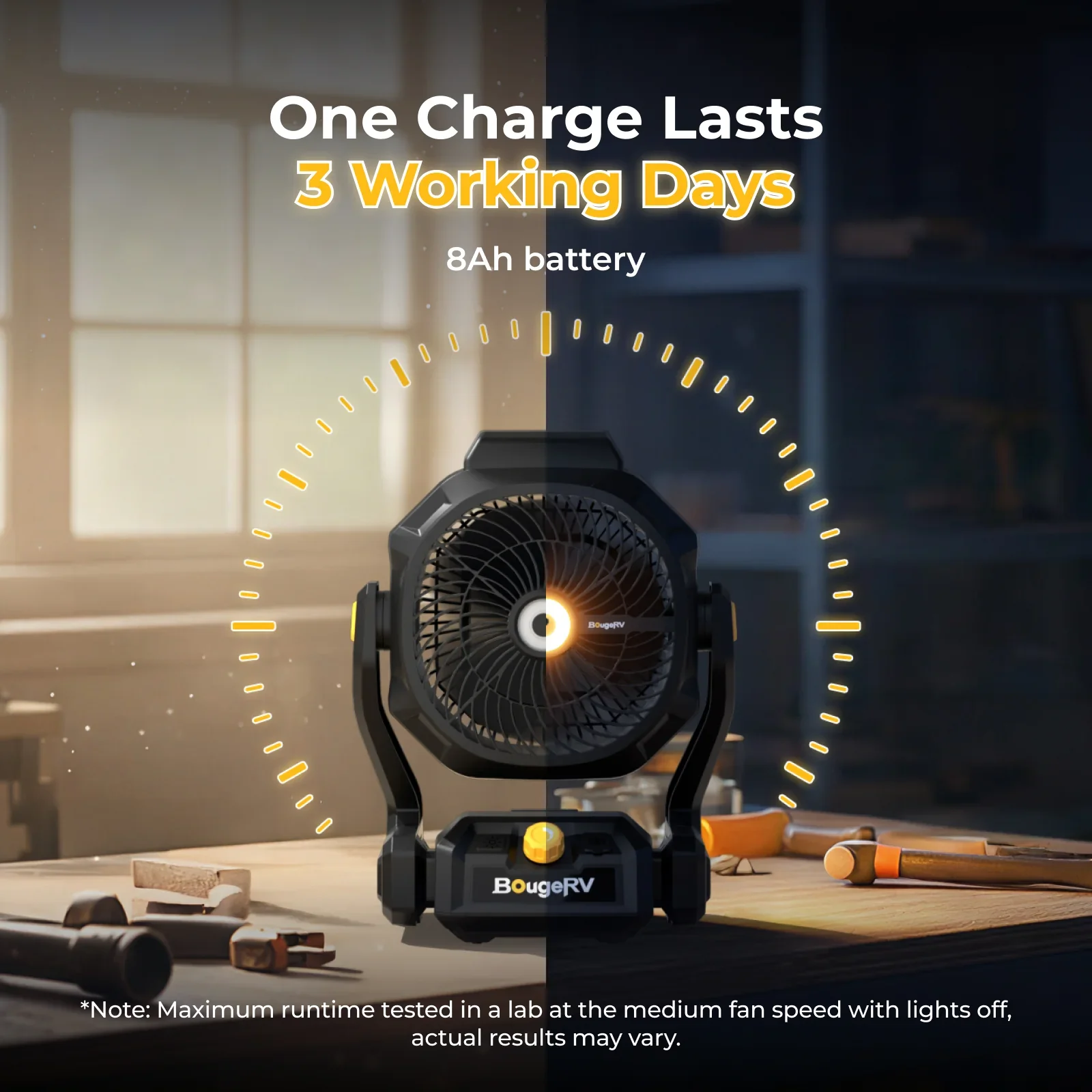 BougeRV F02 fan running 3 working days on one charge with 8Ah battery