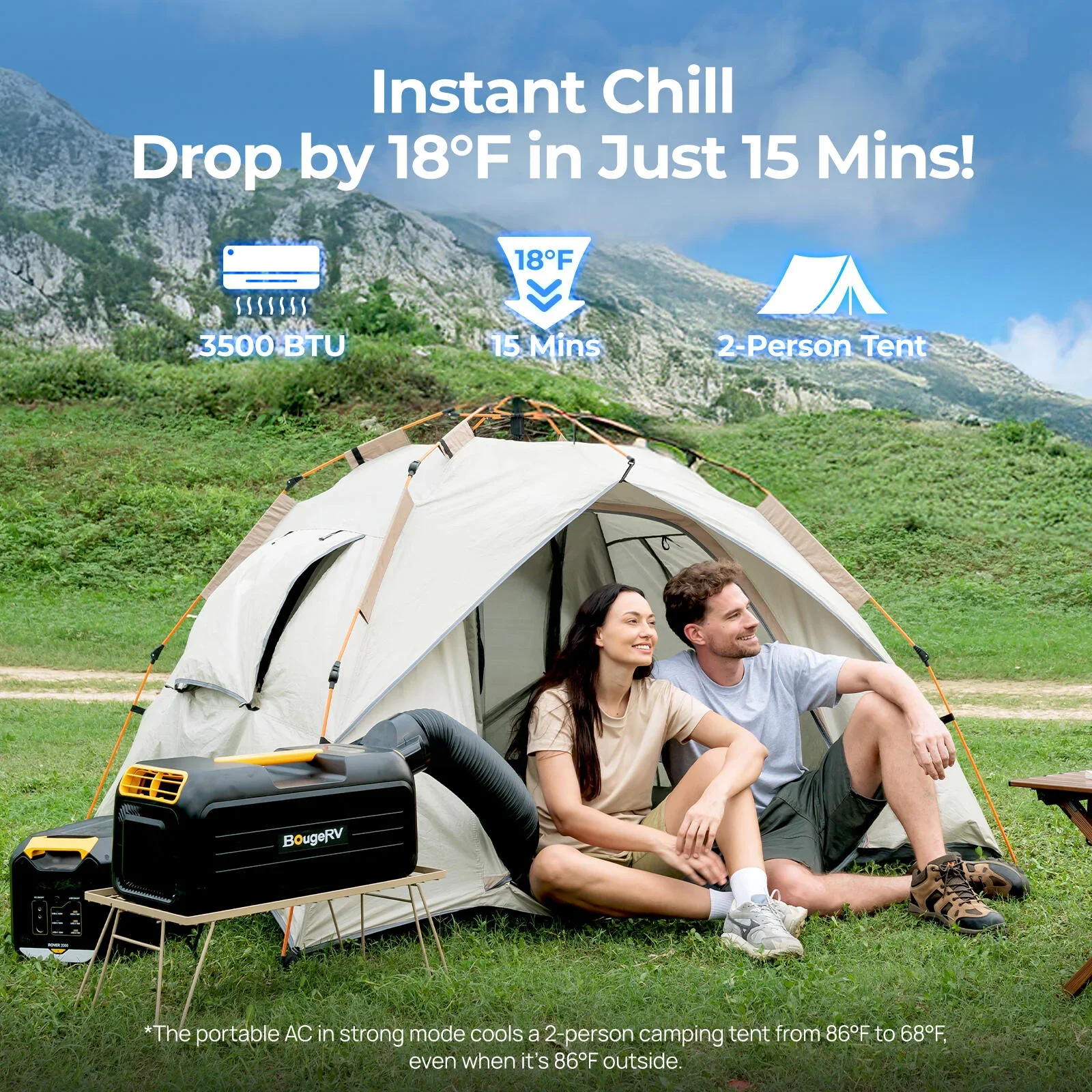 BougeRV PC35 air conditioner cooling a tent from 86°F to 68°F in strong mode