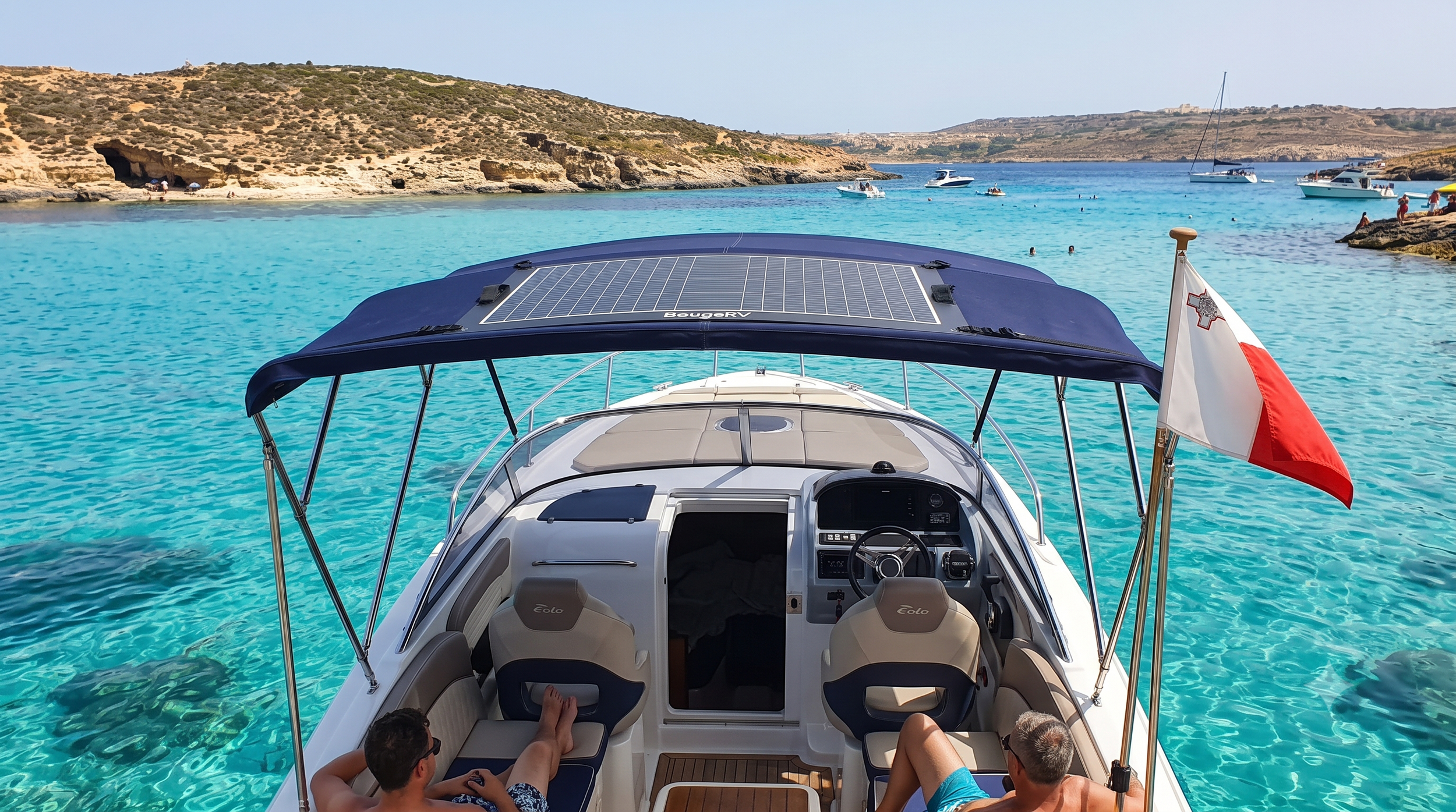 BougeRV solar panel installed on a boat in clear Malta waters