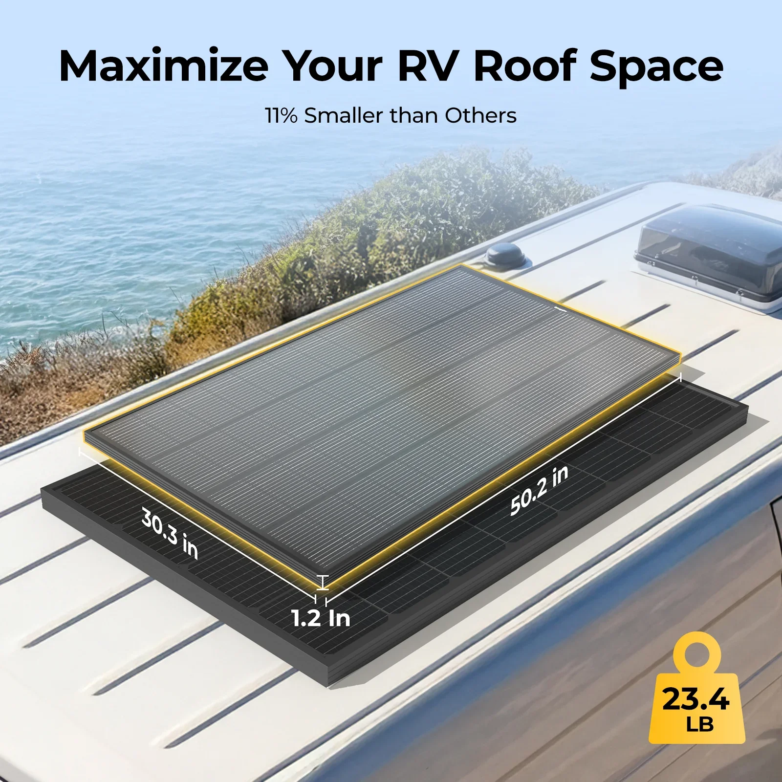 BougeRV 200W panel mounted on RV roof, compact footprint at 30.1 x 1.2 inches