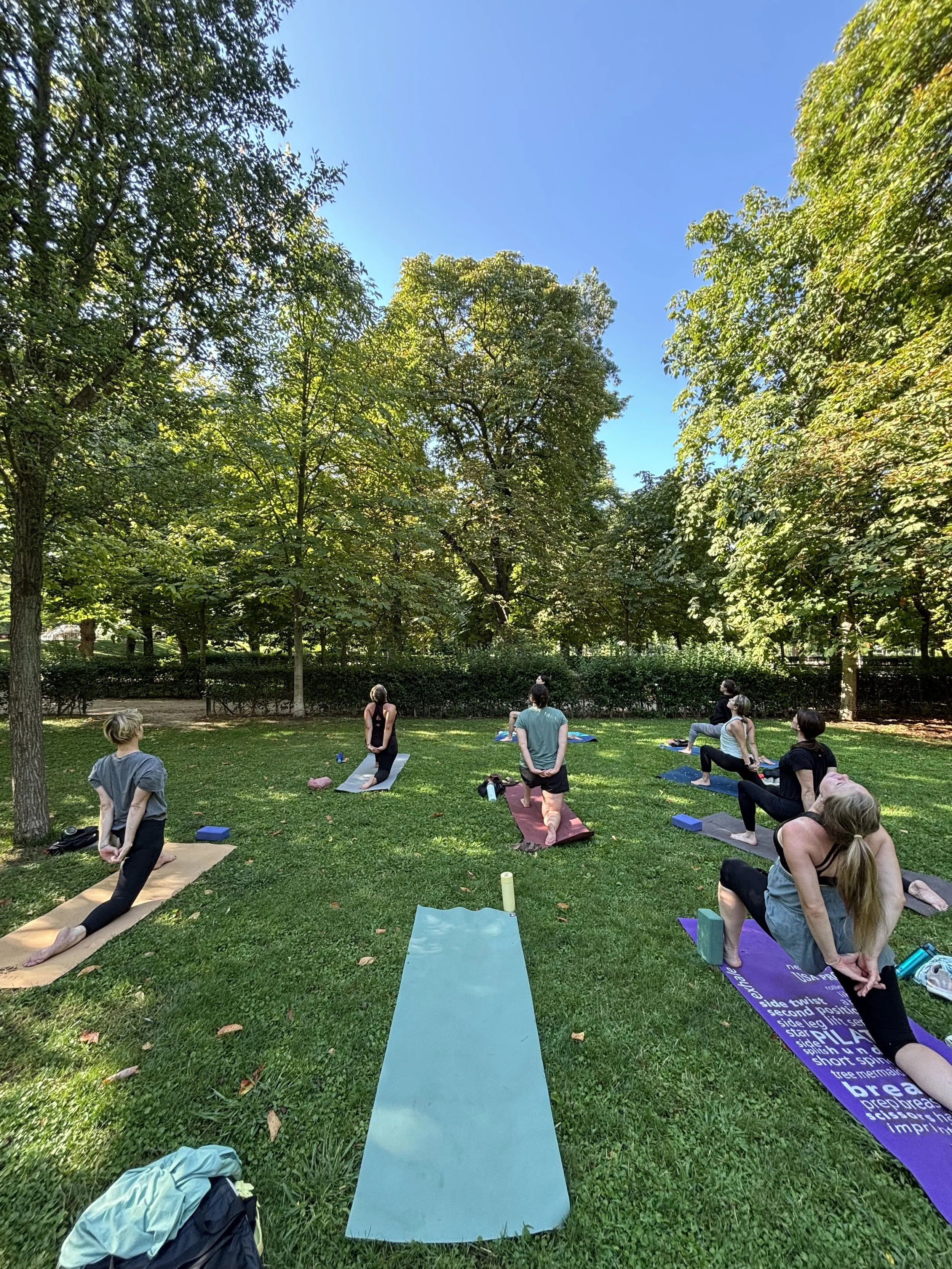 International community in Madrid practicing an English yoga class in Madrid's park