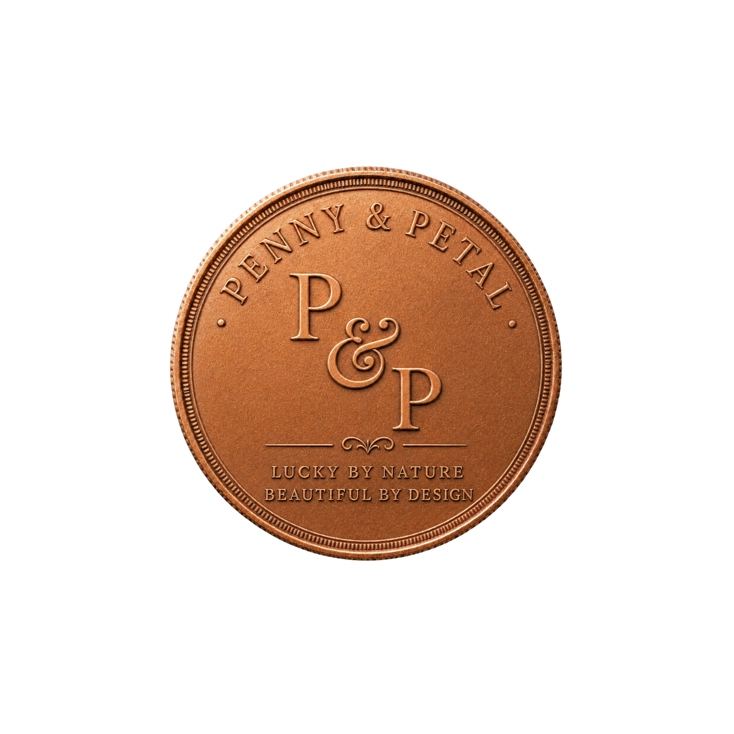 Close-up of a copper penny coin with the words 'PENNY & PETAL' and 'LUCKY BY NATURE' inscribed on it.