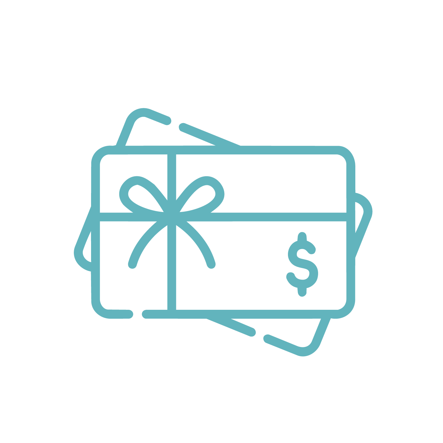 Outline of a gift box with a ribbon and bow, a dollar sign, and an arrow pointing downward.