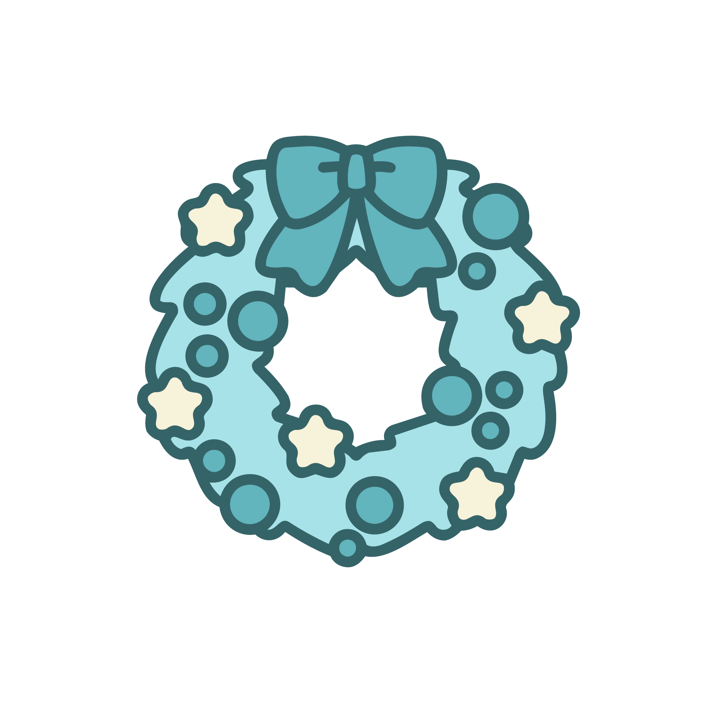 A teal-blue Christmas wreath decorated with cream-colored stars and round ornaments, with a large teal bow at the top center.