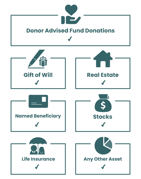 Diagram showing Donor Advised Fund Donations options, including Gift of Will, Real Estate, Named Beneficiary, Stocks, Life Insurance, and Any Other Asset, with check marks next to each.