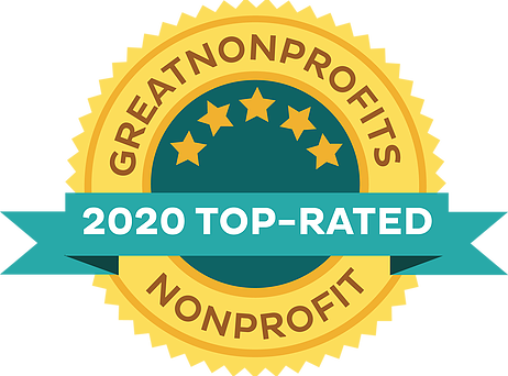 Badge with gold border, teal circle with yellow stars, and text stating 'GreatNonprofits 2020 Top-Rated Nonprofit'.