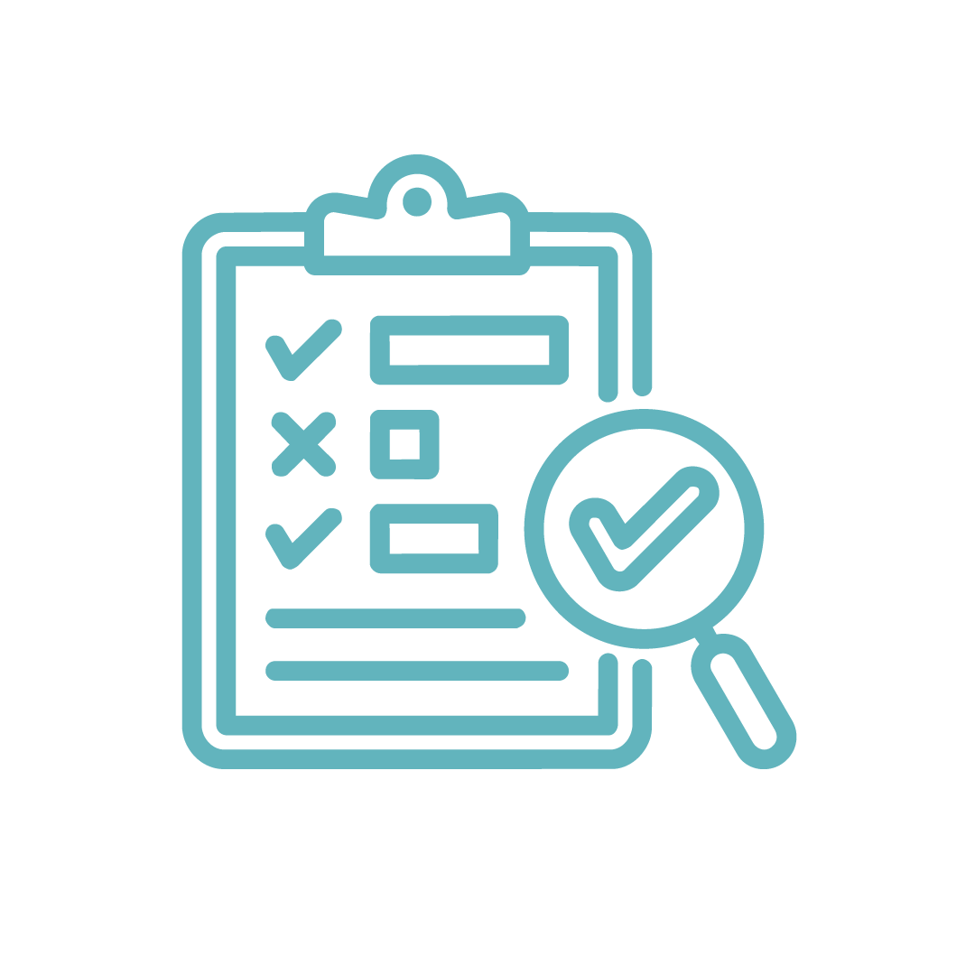 Icon of a clipboard with a checklist, magnifying glass with a checkmark, and various checkmarks and boxes illustrating a review or inspection process.