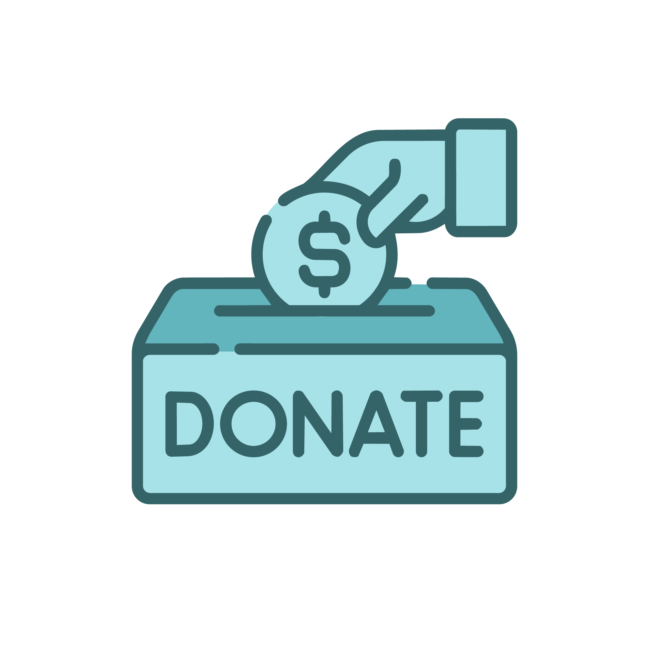 Illustration of a hand placing a coin into a donation box with a dollar sign on it.