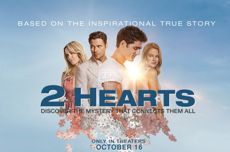 Movie poster for "2 Hearts" featuring four characters against a blue sky background with puzzle pieces forming a heart at the bottom. Text includes "Based on the inspirational true story" and "Discover the mystery that connects them all," with release date October 16.