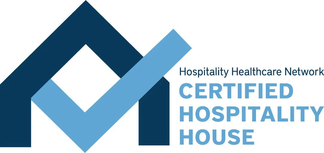 Logo for Certified Hospitality House by Hospitality Healthcare Network, featuring a stylized house with a check mark, in shades of blue.