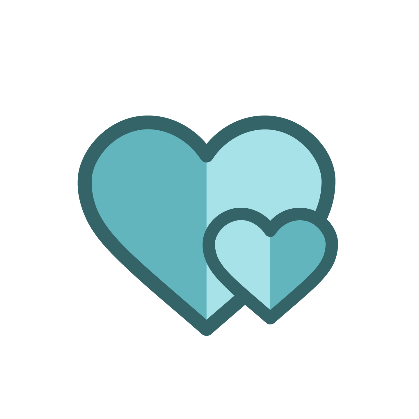 Three overlapping hearts in different shades of blue with dark outline.