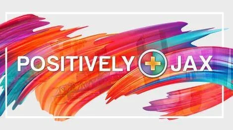 Colorful abstract background with the text 'Positively Jax' and a medical cross in a circle.