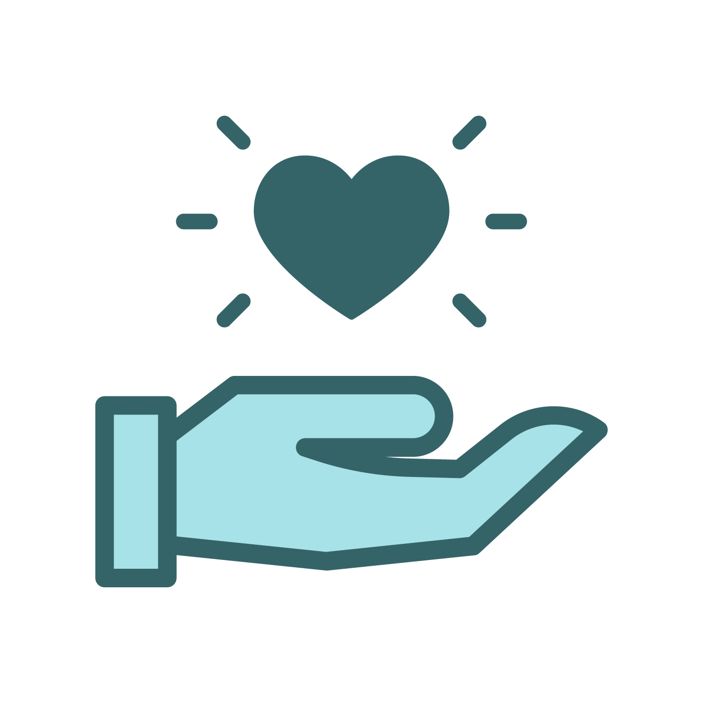 A stylized illustration of a hand holding a heart with lines radiating from it.
