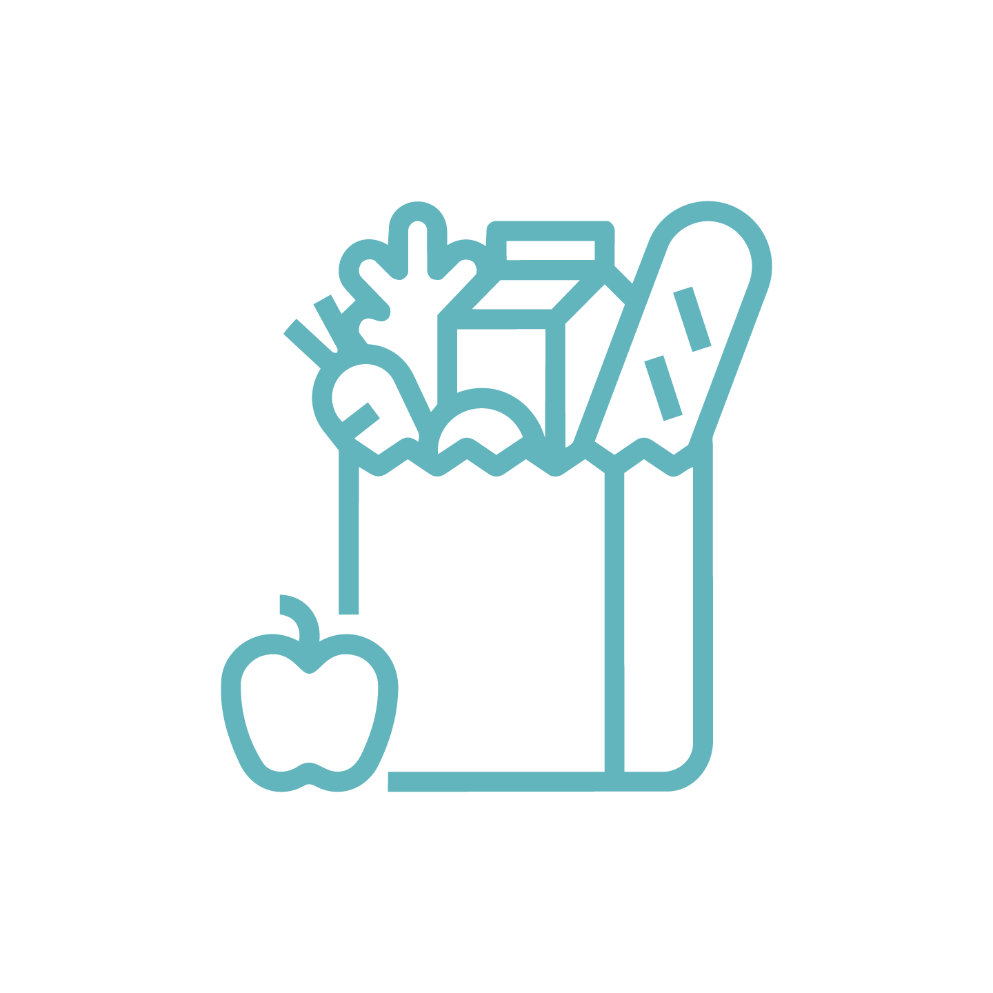 Line drawing of a hand placing a food container into a bin with a lid, a broccoli floret, and an apple outside the bin.