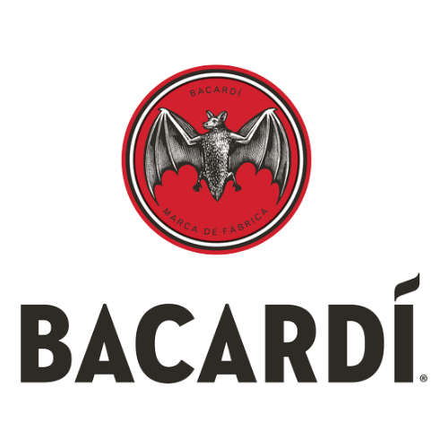 Bacardi logo featuring a bat with outstretched wings inside a red circle and the brand name in bold black letters below.
