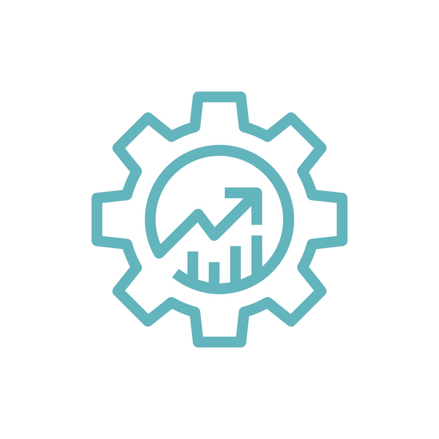 A gear icon with a chart showing an upward trend, a bar graph, and a circular arrow inside, symbolizing growth and process improvement.