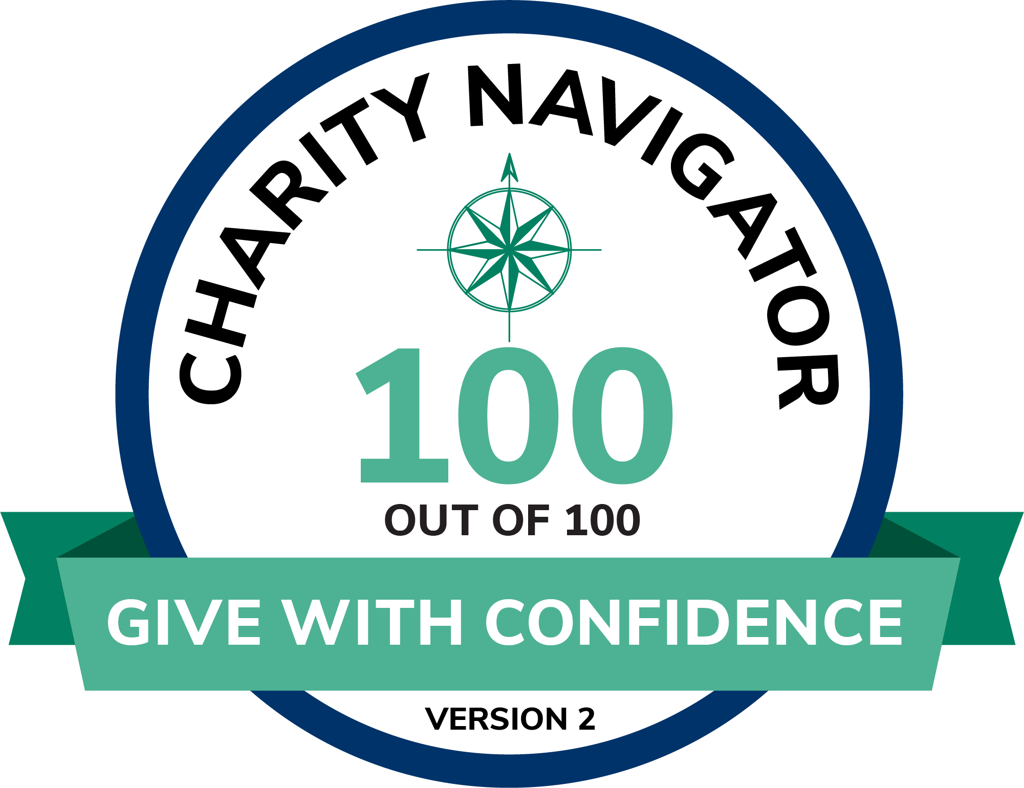 Circular badge with the text 'Charity Navigation' at the top, a compass icon in the center, the number '100' below it, and the phrases 'Out of 100' and 'Give with Confidence' on a green ribbon banner at the bottom.