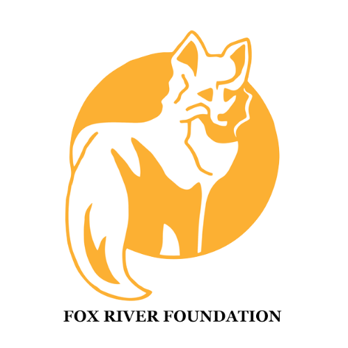 Orange circle with a white silhouette of a fox's head and upper body, representing the Fox River Foundation logo.
