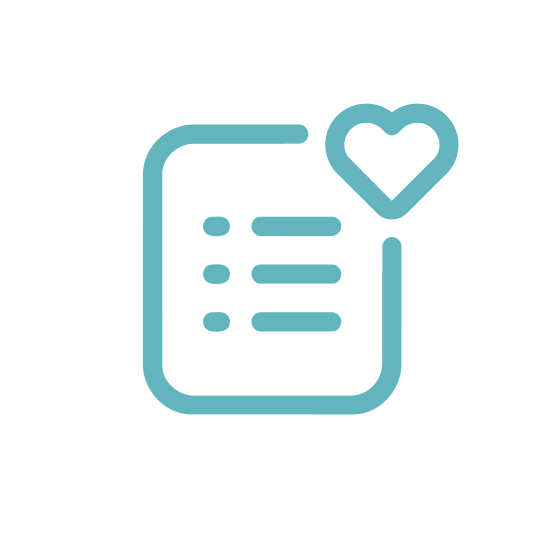 Line art icon of a notepad with a heart symbol in the top right corner, representing a love or favorite list.